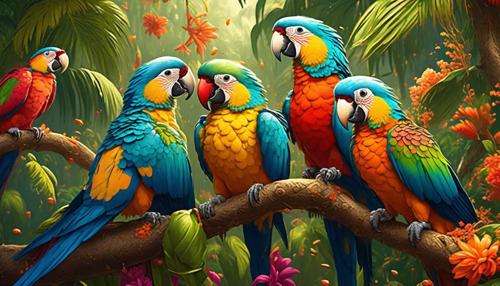 colorful parrots eating rice