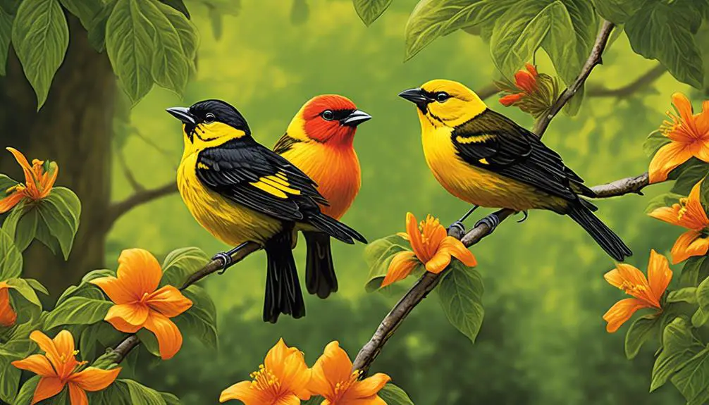 colorful songbirds with red