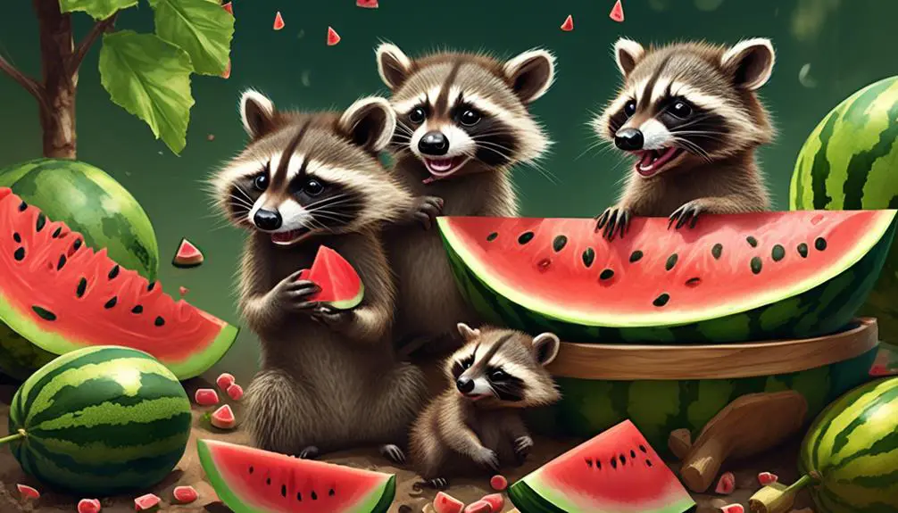 cute raccoons eating watermelon