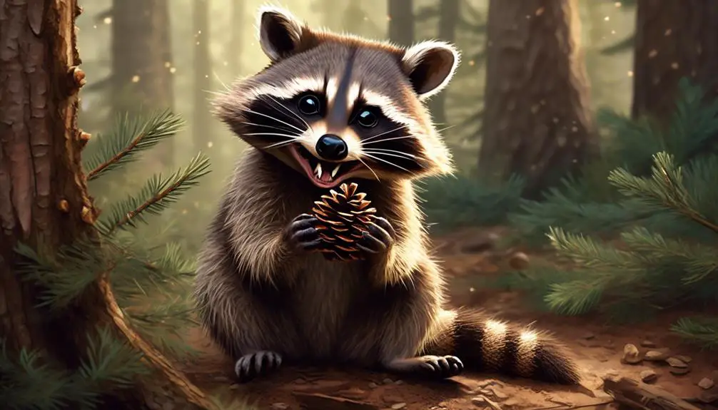 wild raccoons eating pine cones