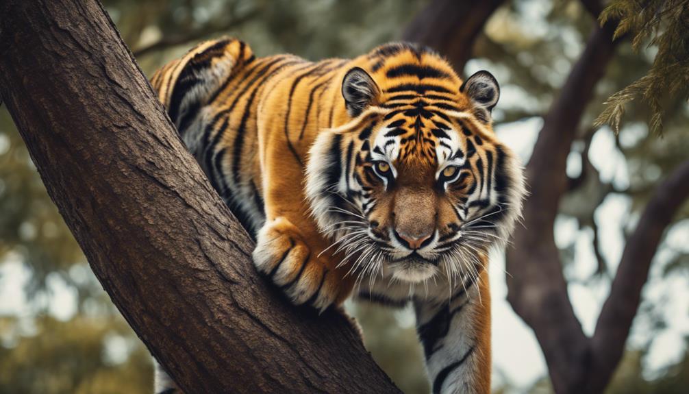 tiger climbing tree branch