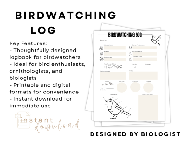 Birdwatching Log, Birdwatching Journal, Birding Logbook, Bird Lover, Ornithology, Biologist, Gift, Printable or Digital Use, Instant Download