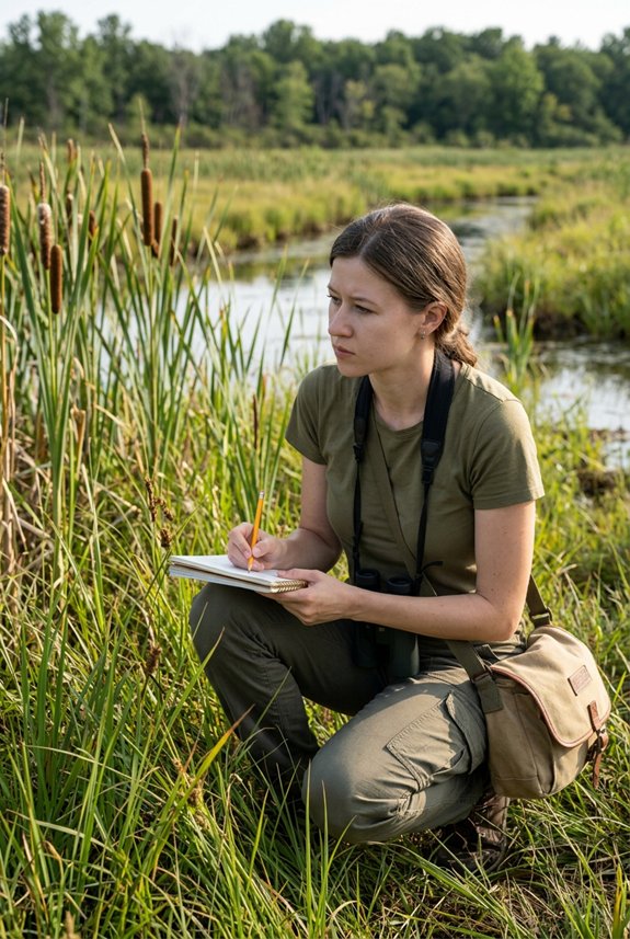 field ecologist surveying wildlife and recording biodiversity data in natural habitat
