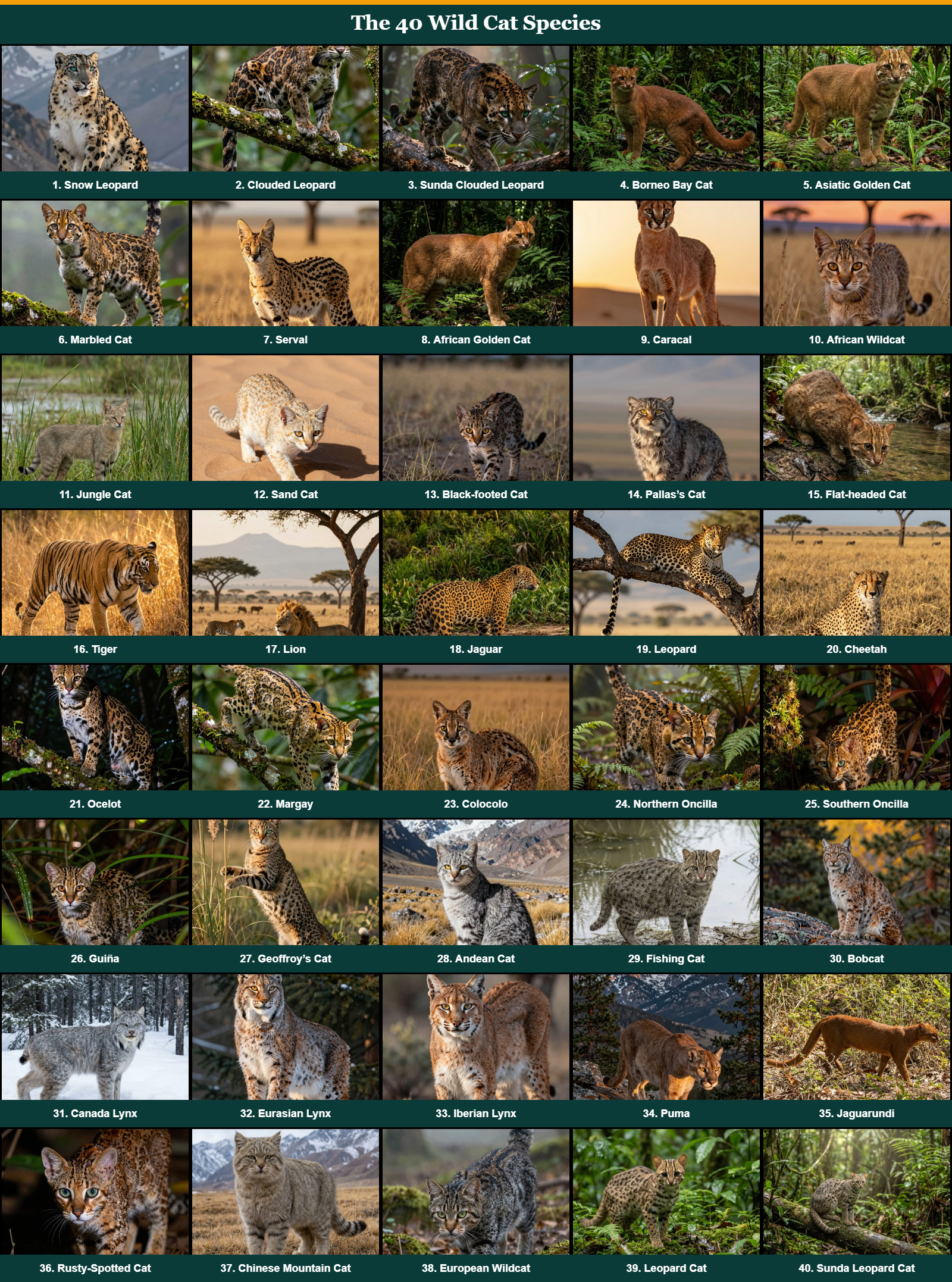 Grid of all 40 wild cat species with their names