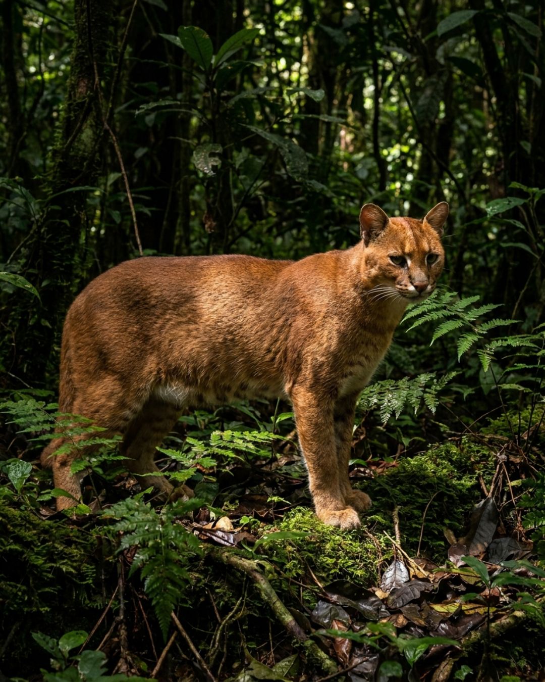 African golden cat (Caracal aurata) in a Central African rainforest