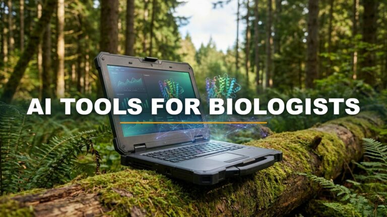 Best AI Tools for Ecology & Biology Research 1 A laptop in a forest showing data and a protein structure, titled AI Tools for Biologists