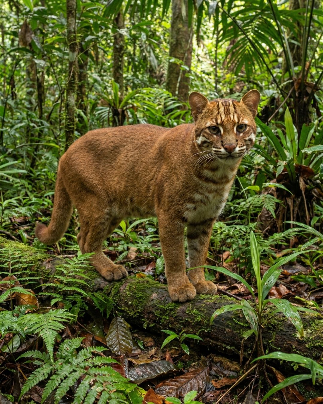 Asiatic golden cat (Catopuma temminckii) with a plain golden coat in a Southeast Asian forest