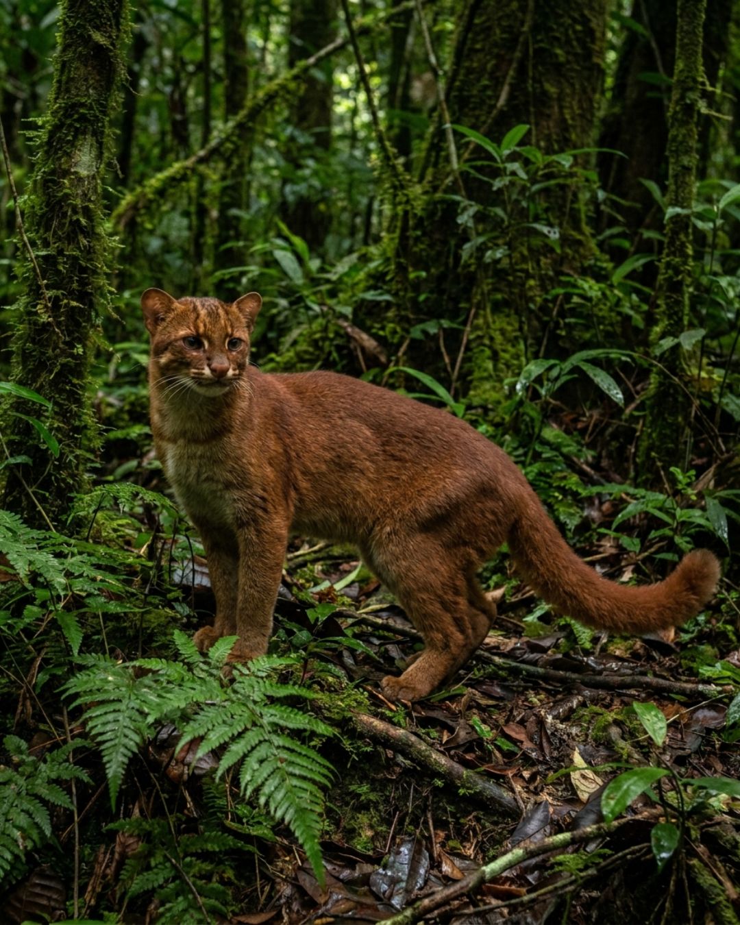 Bornean bay cat (Catopuma badia) with a chestnut coat in a Borneo rainforest