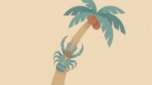 Minimalist illustration of a coconut crab climbing a coconut palm tree
