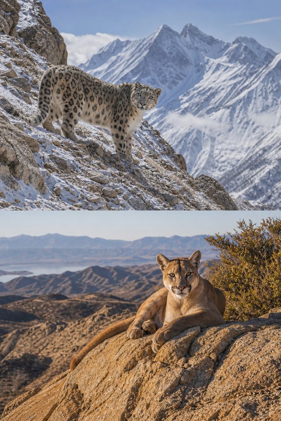 Map style comparison of snow leopard range in alpine Asia and mountain lion range across the Americas