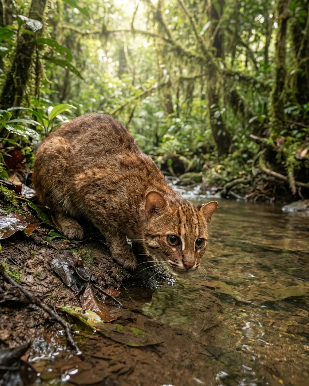 Flat-headed cat (Prionailurus planiceps) hunting at a rainforest stream