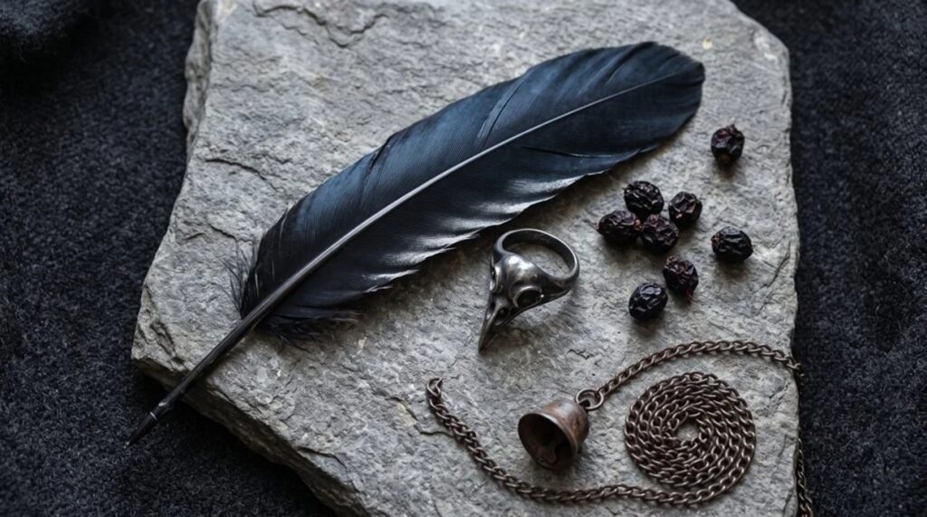 Raven feather, obsidian stone, and gothic decor items styled together for a raven gifts guide