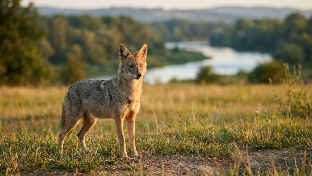 A golden jackal standing in a grassland with a river in the background, like the rivers Vasa crossed