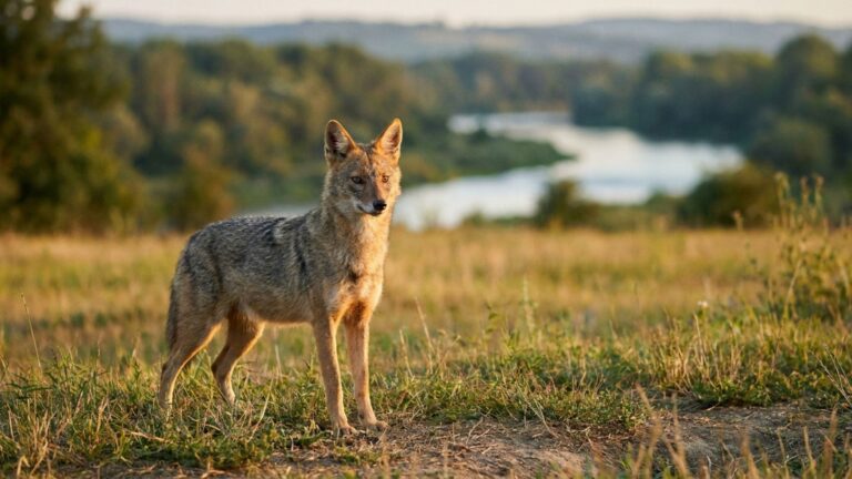 Golden Jackal Vasa's 1,000+ km Journey From Serbia to Germany 1 A golden jackal standing in a grassland with a river in the background, like the rivers Vasa crossed