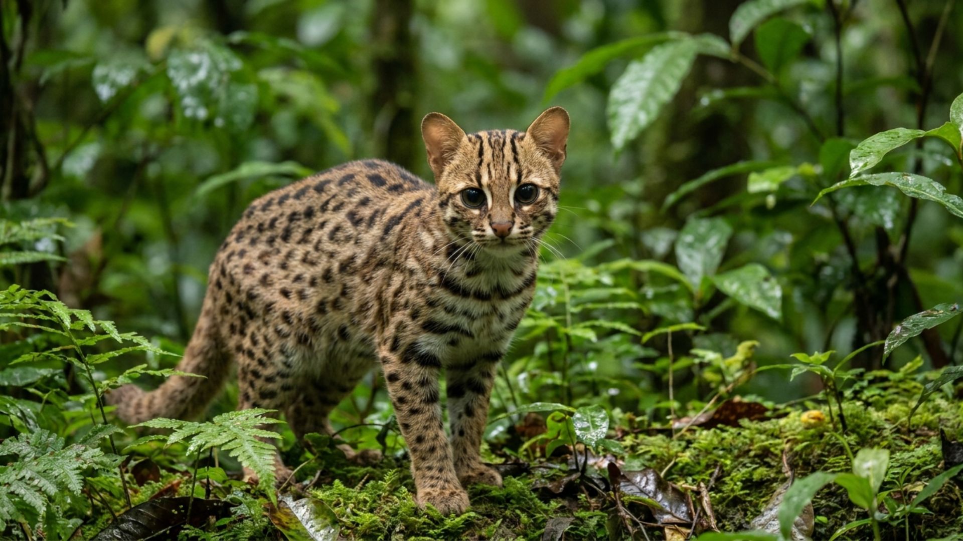Leopard cat (Prionailurus bengalensis) with a spotted coat standing in a South Asian forest