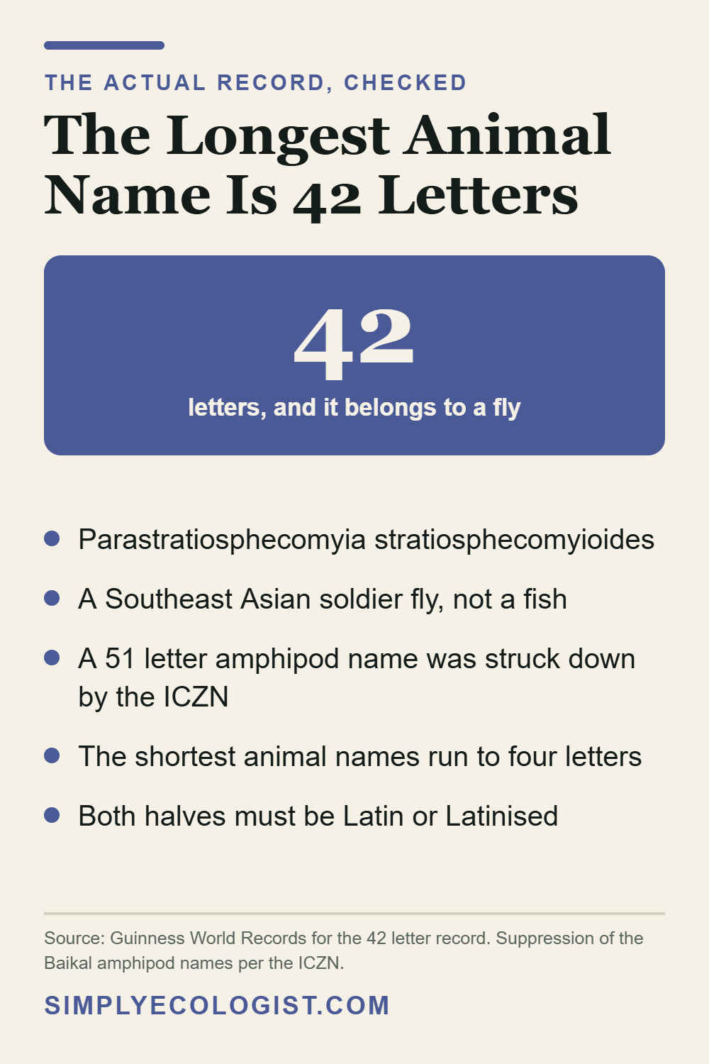 The longest animal scientific name at 42 letters, Parastratiosphecomyia stratiosphecomyioides, a Southeast Asian soldier fly