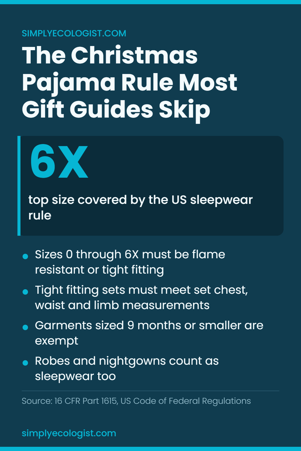Moose Christmas Pajamas: 14 Cozy Family Sets for 2026 8 Infographic explaining the US children's sleepwear flammability rule, showing that sizes 0 through 6X must be flame resistant or tight fitting and that garments sized 9 months or smaller are exempt