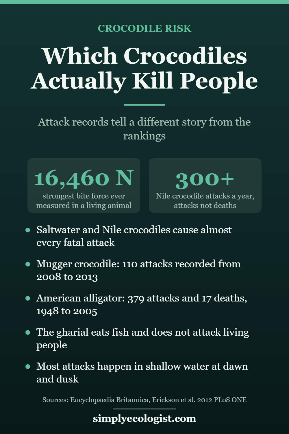 Vertical infographic ranking crocodile danger by recorded attacks, showing saltwater and Nile crocodiles cause almost every fatal attack and the gharial does not attack living people