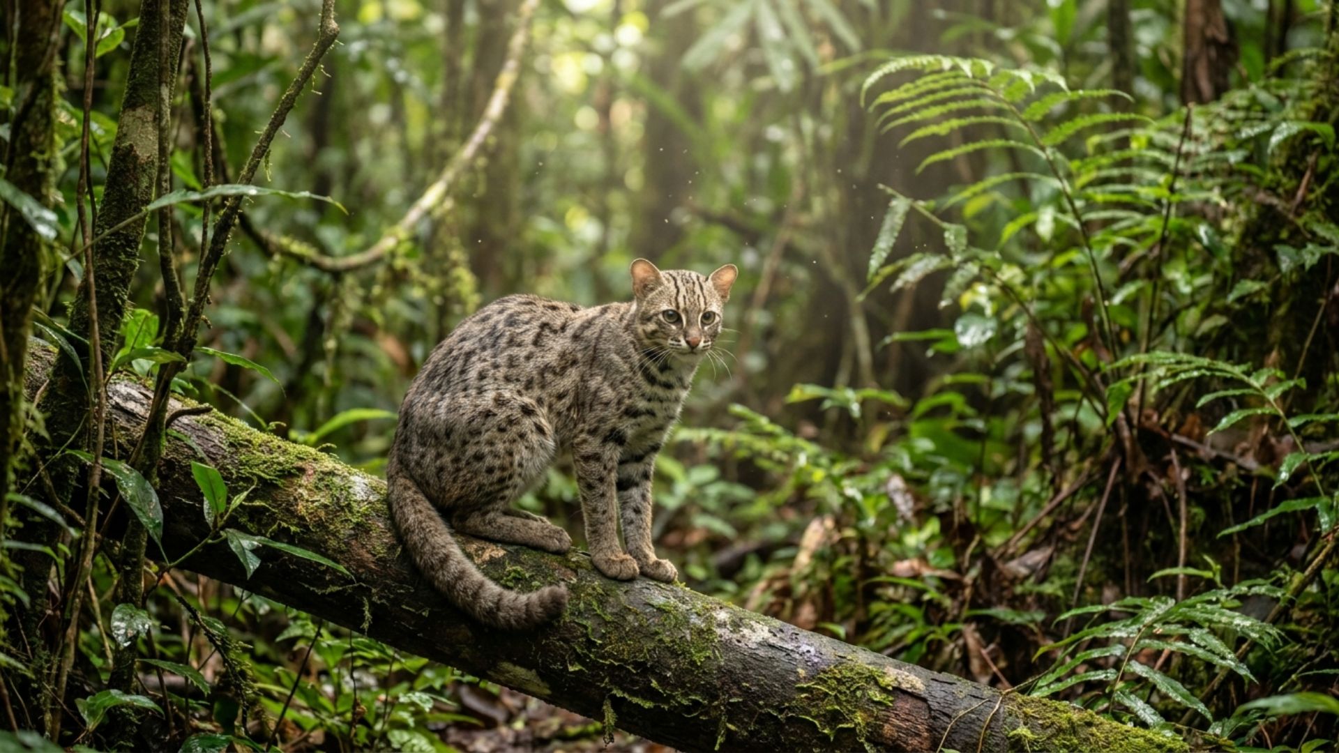Sunda leopard cat (Prionailurus javanensis) perched on a mossy log in a Borneo rainforest