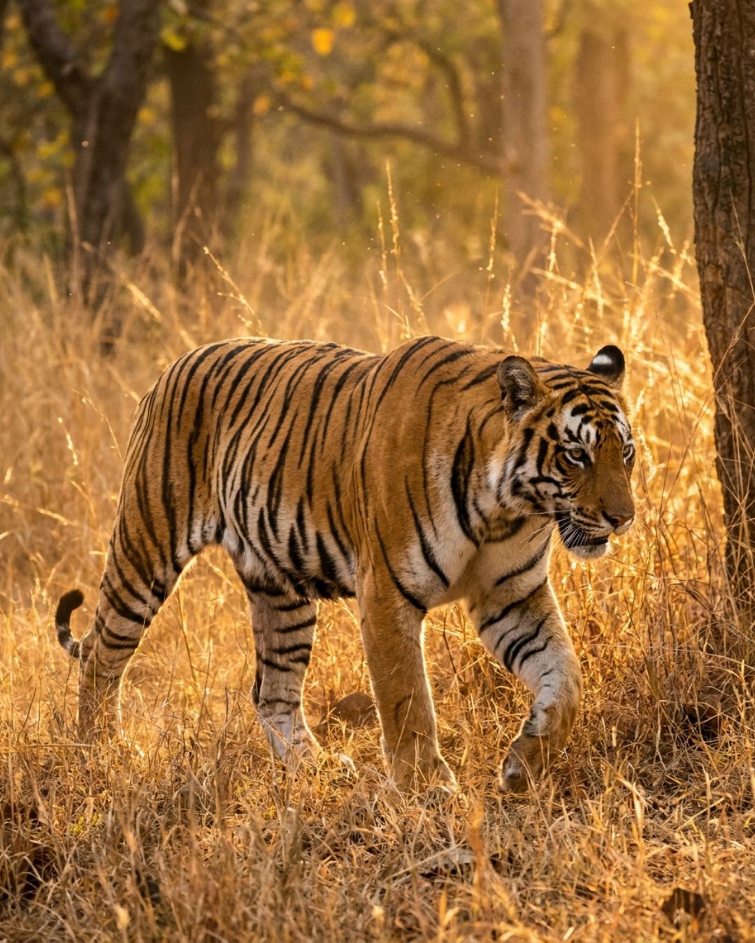 Wild Bengal tiger (Panthera tigris) walking through golden grass in India