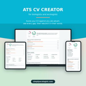 The ATS CV Creator on a laptop, tablet and phone, showing a CV scored against a job advert with the gaps listed