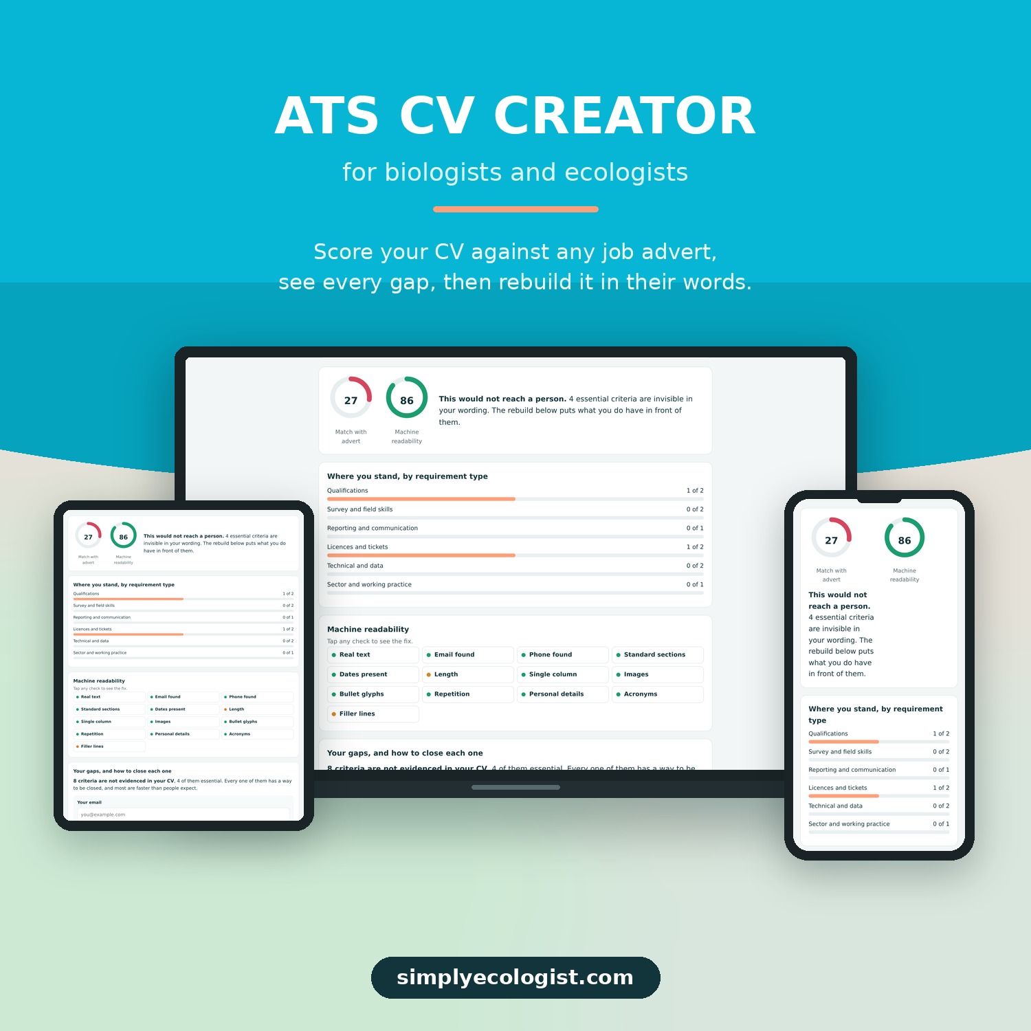 ATS CV Creator 1 The ATS CV Creator on a laptop, tablet and phone, showing a CV scored against a job advert with the gaps listed