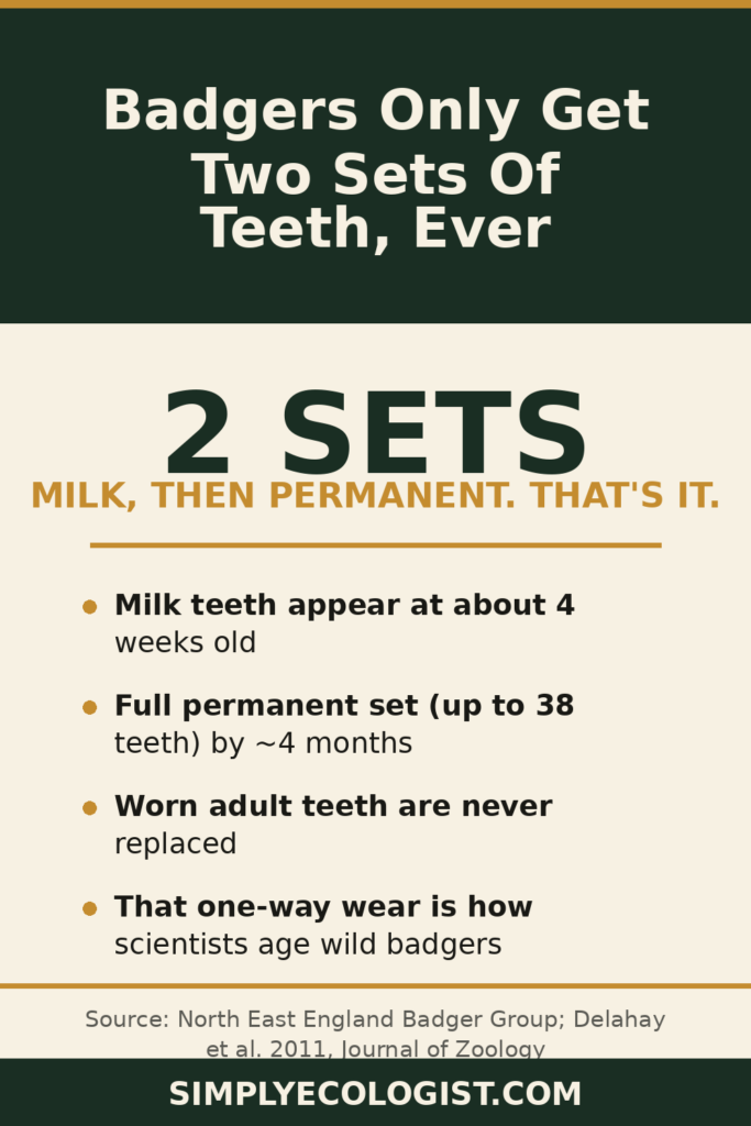 Badger Teeth: How Many Teeth a Badger Has, by Species 4 Badgers only get two sets of teeth in their whole life, milk teeth then permanent, with worn adult teeth never replaced