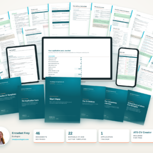 The Biology Job Application Kit: 46 guides, 823 pages, 22 editable CV and cover letter templates, an application tracker and the ATS CV Creator, by ecologist Erzsebet Frey