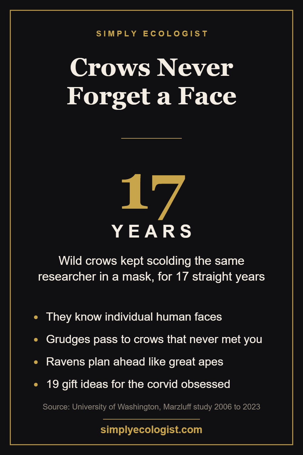 Fact card showing that wild crows remembered and scolded a masked researcher for 17 years, from a guide to crow and raven gifts
